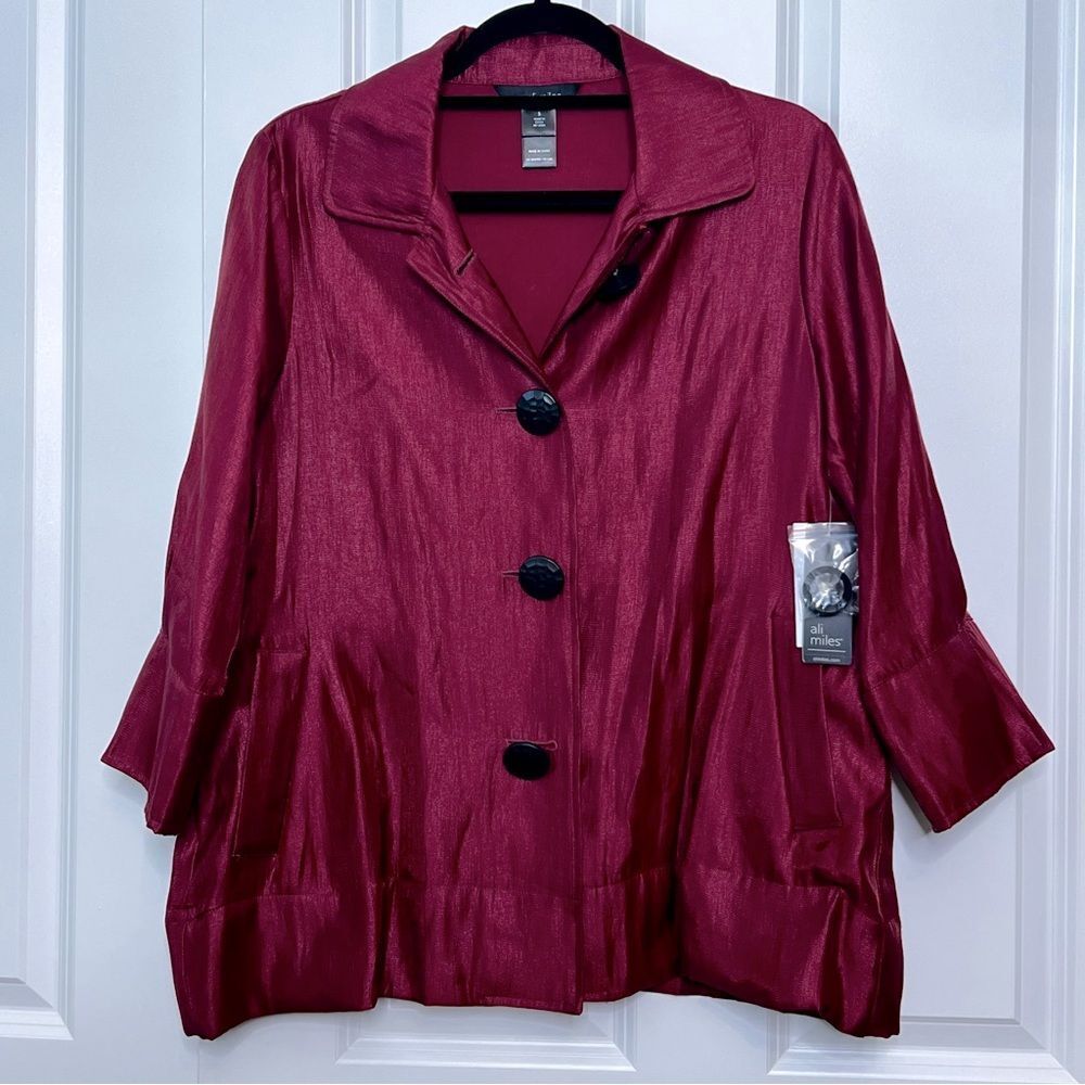 Ali Miles Burgundy Shimmer Button Front 3/4 Sleeve Blouse Jacket Small